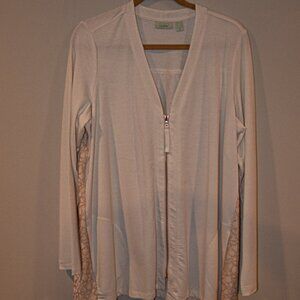 Logo Lounge Zip Front Cardigan White with Tan Lace back Size Large